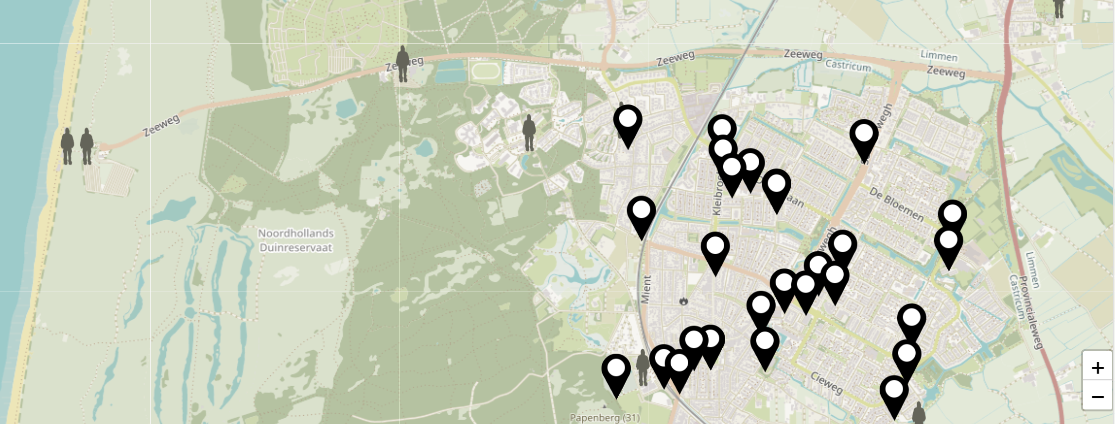 Kaart van Castricum met locaties van wandel- en fietsroutes